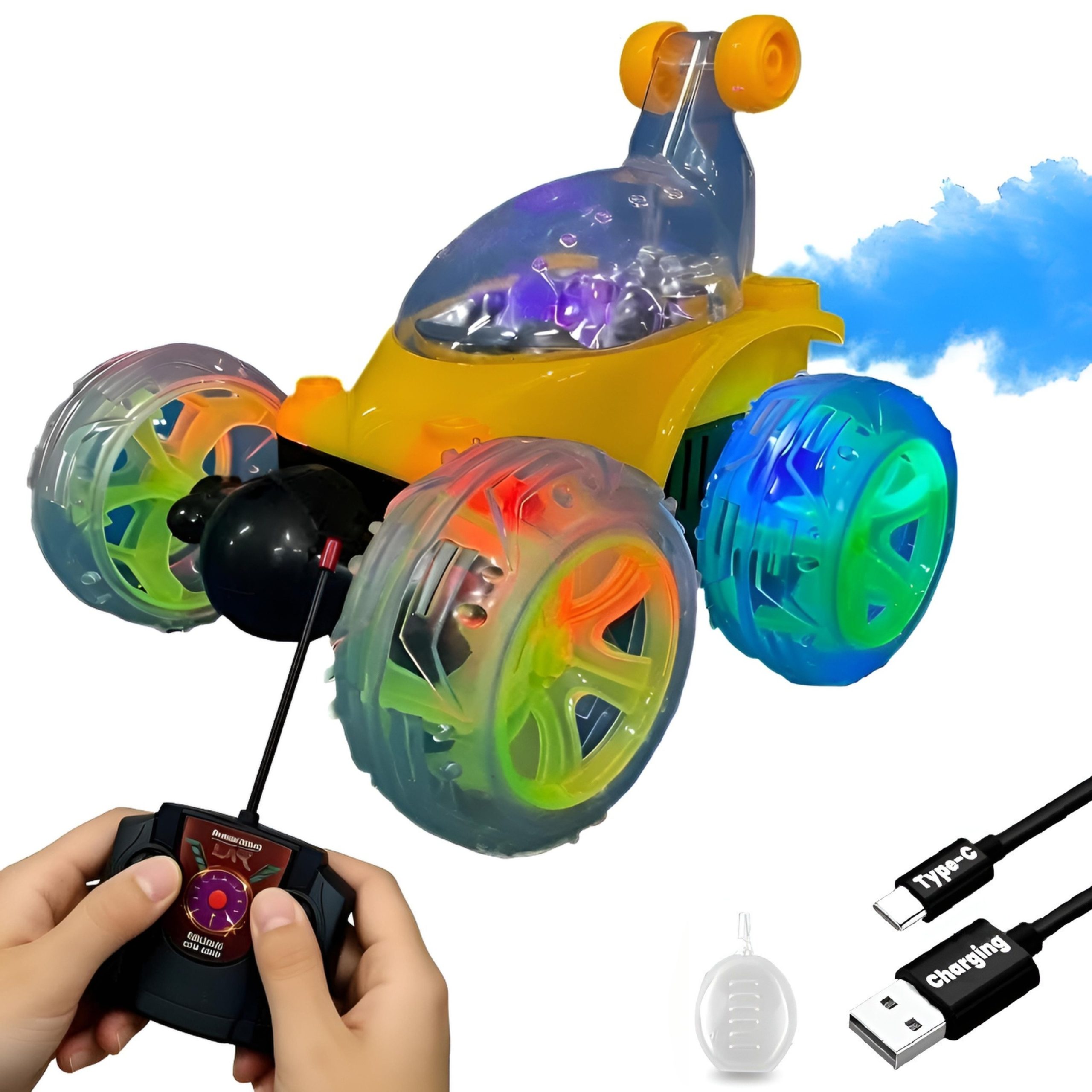 Dual-Sided High-Speed Remote Control Car with LED Lights, Mist Spray & Music | Flips, Spins & Drift Action | Random Color