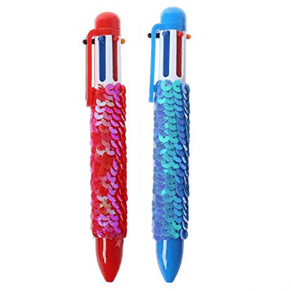 Tooyos 6-in-1 Multicolor Retractable Ballpoint Pens Colorful Sequins (Red+Blue)