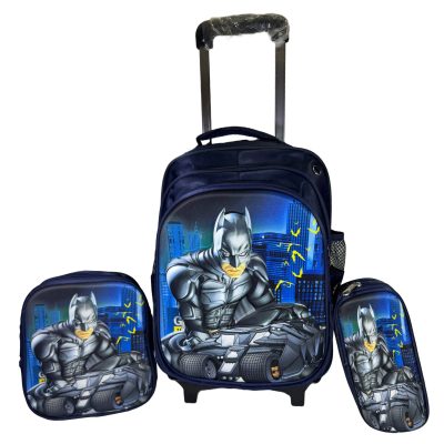 TOYOOS Batman Print Kids Backpack Combo Set | Lunch Box Bag And Stationary Pouch School Trolley Bag With 2 Wheels | 17 Inch | Carry-On Set With Light For Kids Boys And Girls | Dark Blue