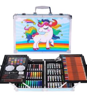TOYOOS Unicorn Theme Art & Craft Painting Box | 145 Pieces Professional Drawing & Coloring Kit with Suitcase | Watercolors, Oil Pastels, Sketch Pens & Acrylic Brushes | Unicorn Blue