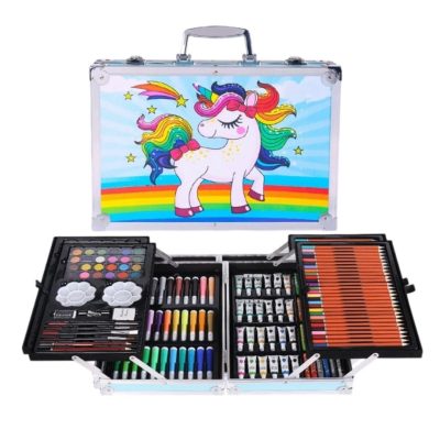 TOYOOS Unicorn Theme Art & Craft Painting Box | 145 Pieces Professional Drawing & Coloring Kit with Suitcase | Watercolors, Oil Pastels, Sketch Pens & Acrylic Brushes | Unicorn Blue