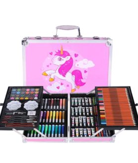 TOYOOS Unicorn Theme Art & Craft Painting Box | 145 Pieces Complete Coloring & Drawing Kit with Suitcase | Watercolors, Oil Pastels, Sketch Pens & Acrylic Brushes (Unicorn Pink)
