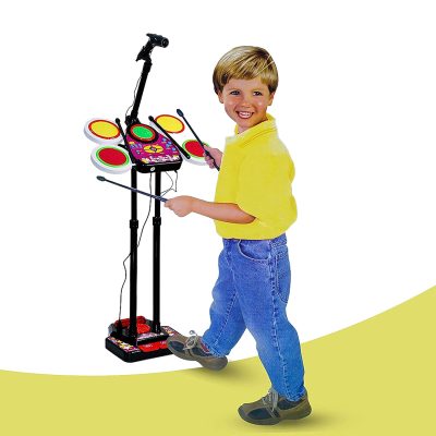 Toyoos All-in-One Musical Drum Set for Kids | 5 Drumheads with MP3 Plug-in, Microphone & Foot Pedal | Flashing Lights, Applause Button & Demo Songs | Multicolor