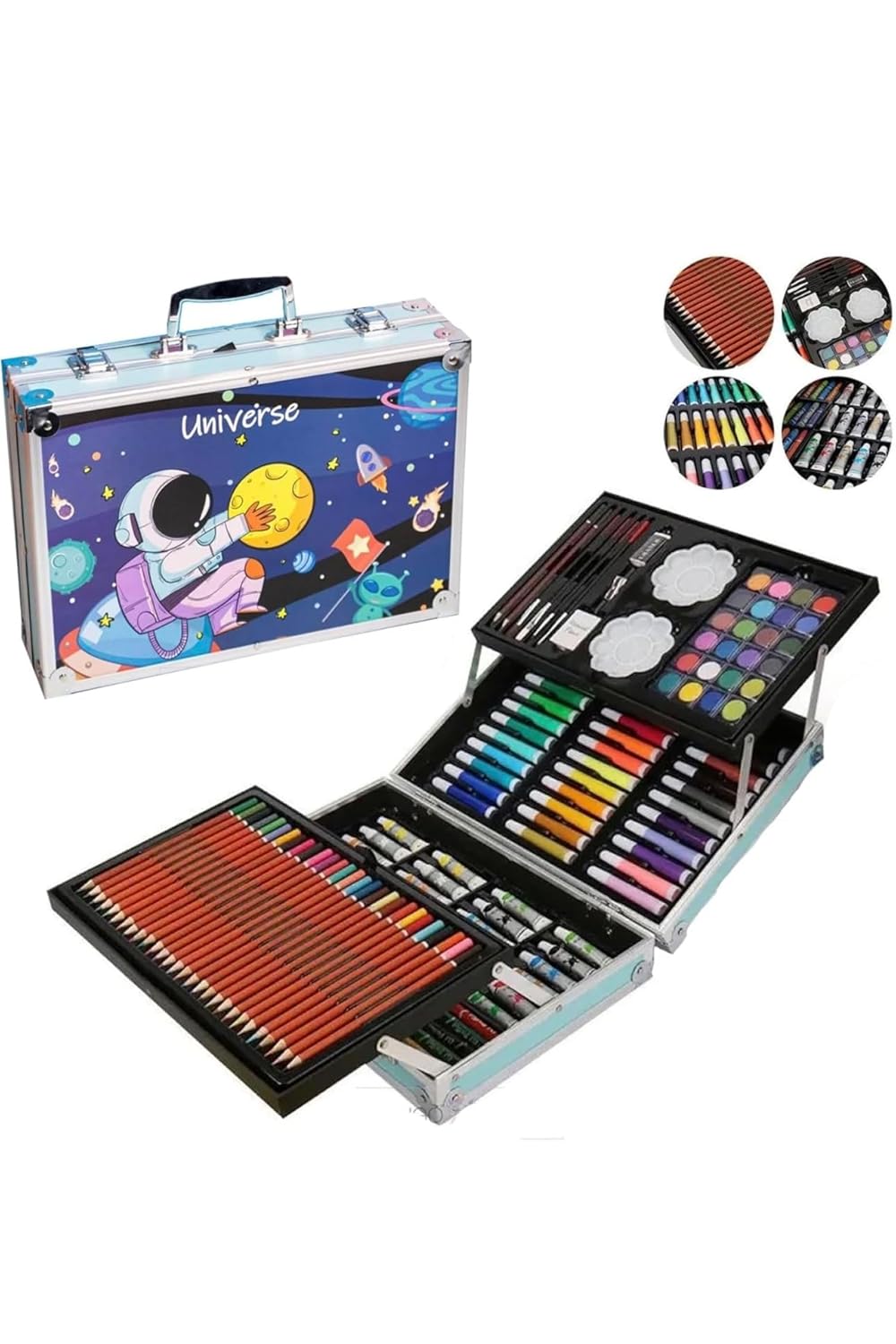 TOYOOS Space Theme Art & Craft Painting Box | 145 Pieces Complete Drawing & Coloring Kit with Suitcase | Watercolors, Oil Pastels, Sketch Pens & Acrylic Brushes (Universe Blue)