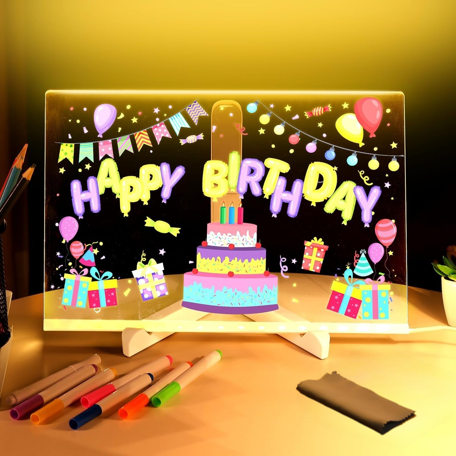 3D Night Lamp Message Board with 7 Fluorescent Pens, Foldable Stand & Cleaning Cloth | Rewritable DIY Display Board for Kids, Home & Office