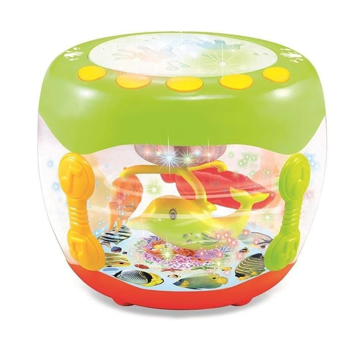 Toyoos Fish Aquarium Music Flash Drum with 3D Dynamic Light Light-Up Musical Drum Toy | Educational Activity for Fine Motor Skills | Rechargeable Gift for 1–5-Year-Old Boys & Girls