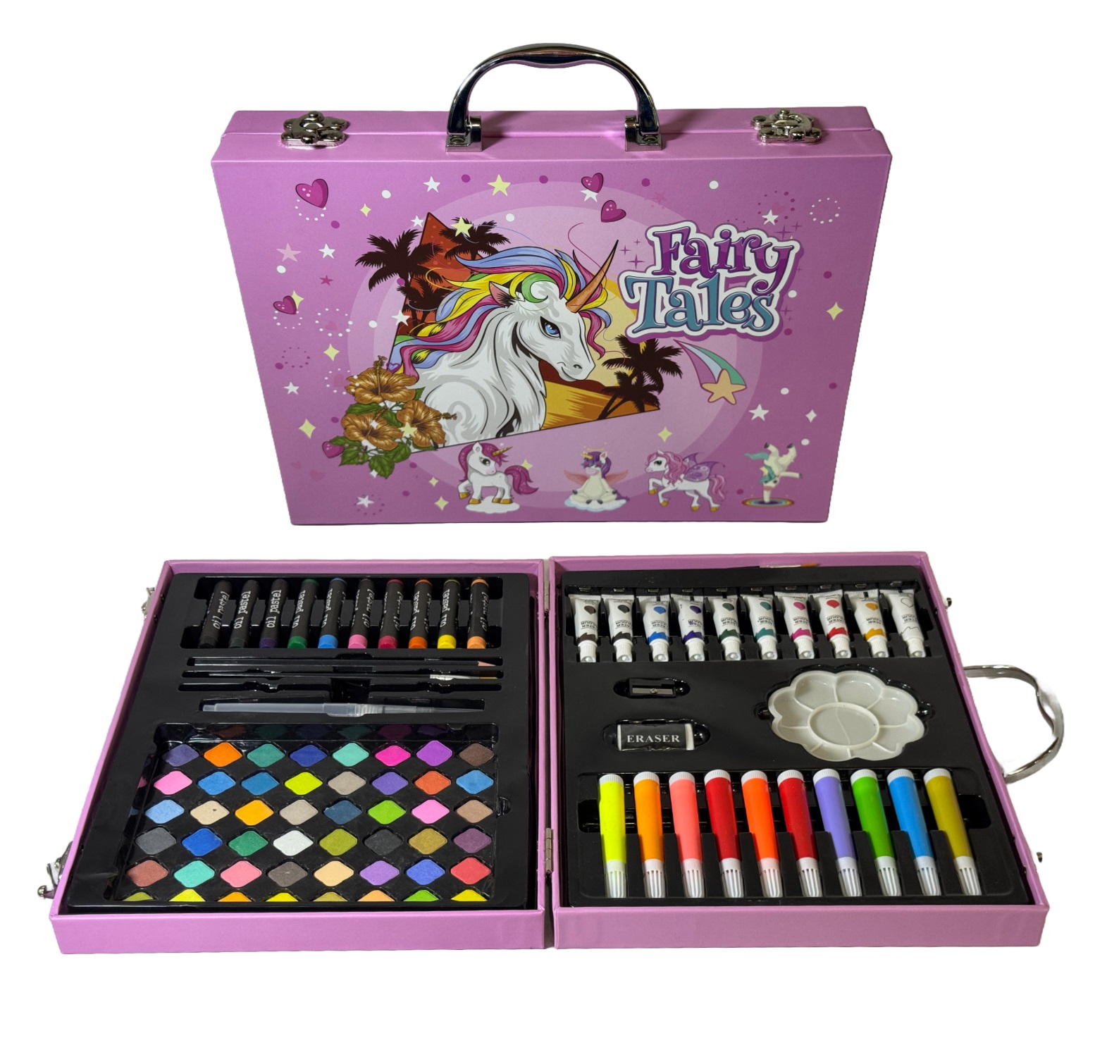 TOYOOS Unicorn Theme Art & Craft Painting Box | 85 Pieces Complete Drawing & Coloring Kit with Suitcase | Watercolors, Oil Pastels, Sketch Pens & Paint Brush (Unicorn Pink)
