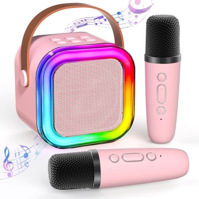 Toyoos Mini Karaoke Machine with Dual Wireless Microphones Portable Bluetooth Speaker with LED Lights | Rechargeable Musical Toy for Kids | Perfect Birthday & Christmas Gift