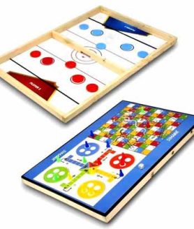 SIMARR 3-in-1 String Hockey Board Game with Ludo & Snakes and Ladders – Wooden Sling Puck Tabletop Game for Kids & Family