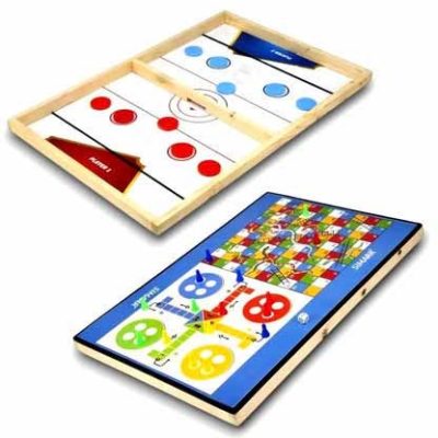SIMARR 3-in-1 Wooden Board Game for Kids & Family | Sling Puck String Hockey, Ludo & Snakes and Ladders | Fast-Paced Tabletop Game for Boys, Girls & Adults