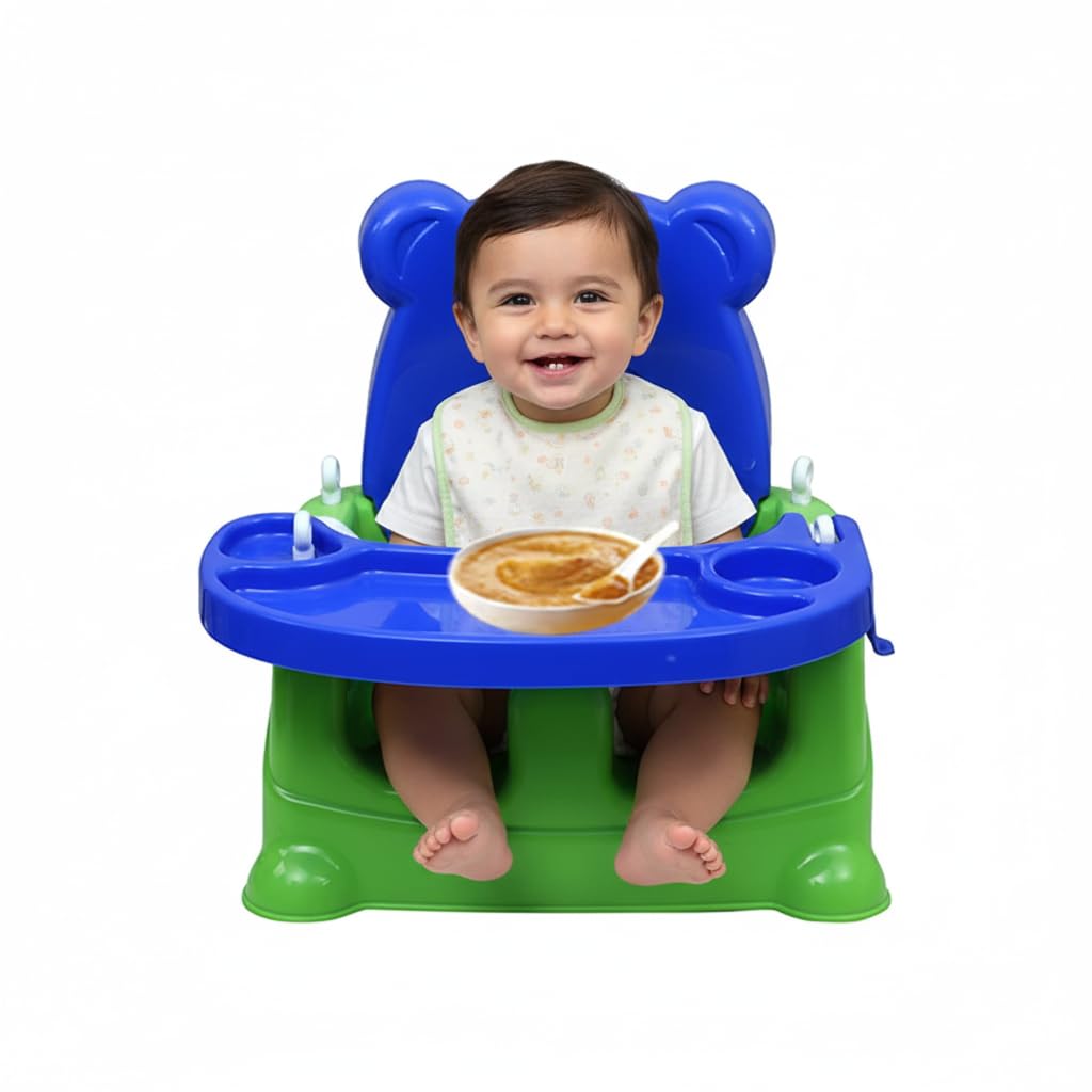 6-in-1 Baby Swing Seat, Blue and Green, with Safety Belt, Elephant Design, Hanging Rope Included,Portable Baby Booster Seat and Toddler Feeding Chair with Adjustable Tray, Bear-Shaped Backrest