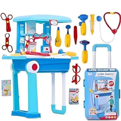 Toyoos 2-in-1 Doctor Trolley Set for Kids with Suitcase | Pretend Play Medical Kit with Stethoscope, Doctor Tools & Accessories | Educational Role Play Toy for Boys & Girls 3+ Years