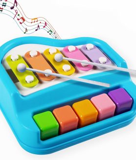 Gooyo 1512 Preschool Kids Educational Knock Playing Musical Xylophone Toy for Kids | 2 in 1 Mini Musical Piano and Xylophone Toy with Colorful Keys & 2 Mallets | Blue | No Batteries Required