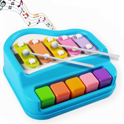 Gooyo 1512 Preschool Kids Educational Knock Playing Musical Xylophone Toy for Kids | 2 in 1 Mini Musical Piano and Xylophone Toy with Colorful Keys & 2 Mallets | Blue | No Batteries Required