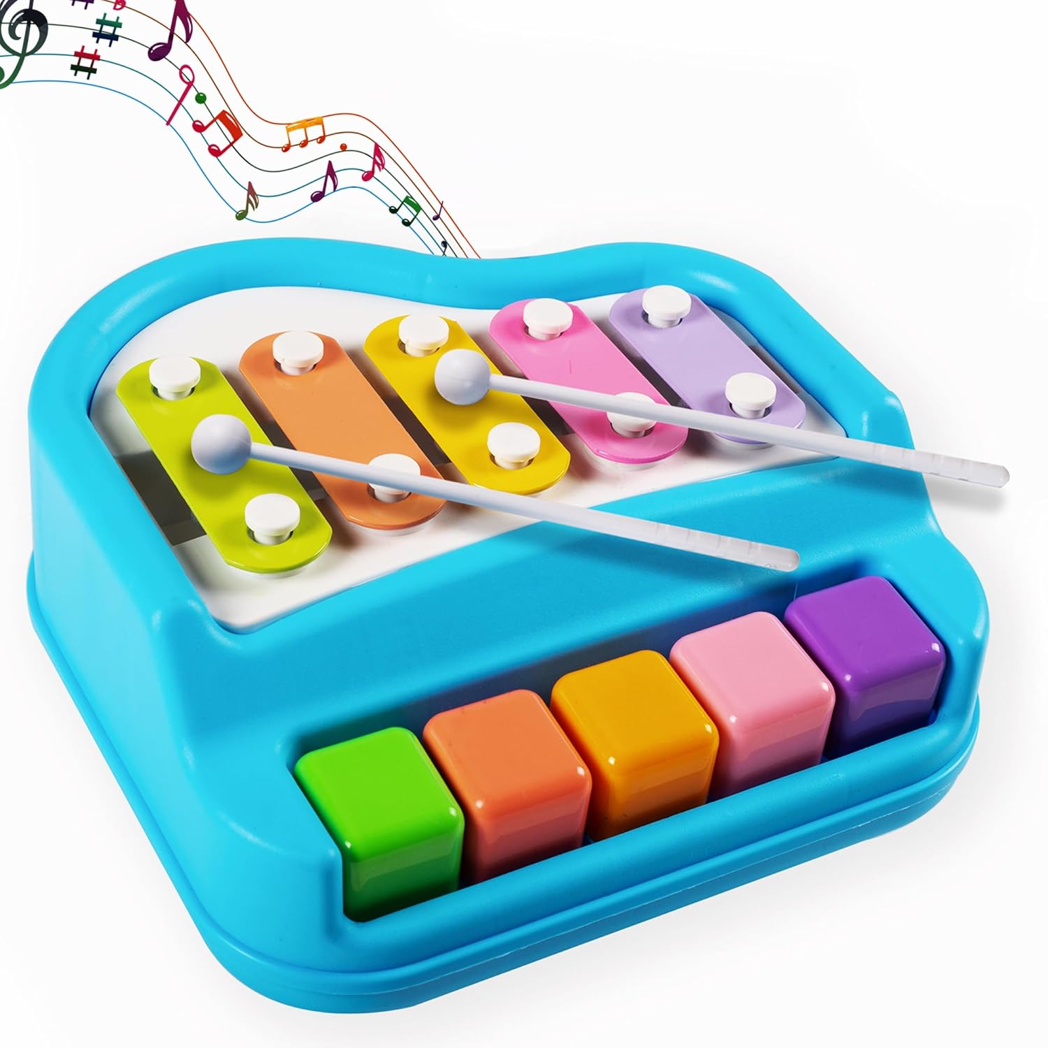 Gooyo 1512 Preschool Kids Educational Knock Playing Musical Xylophone Toy for Kids | 2 in 1 Mini Musical Piano and Xylophone Toy with Colorful Keys & 2 Mallets | Blue | No Batteries Required