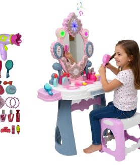 Kids Battery Operated Makeup Vanity Set for Girls with Lights & Sound, Dressing Table with Mirror, Stool, Hair Dryer, Lipstick, Nail Polish, Perfume, Comb & More, Pretend Role Play Gift Toy