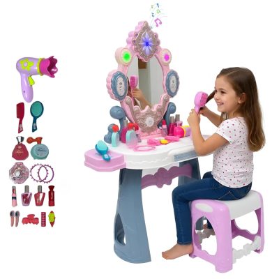 Toyoos Kids Battery Operated Makeup Vanity Set for Girls with Lights & Sound, Dressing Table with Mirror, Stool, Hair Dryer, Lipstick, Nail Polish, Perfume, Comb & More, Pretend Role Play Gift Toy