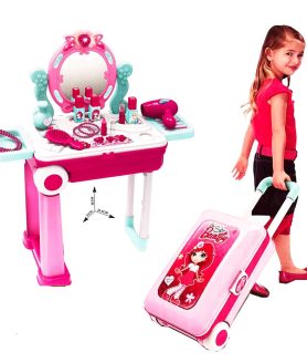 Trolley Case Beauty Set for Girls, Makeup Tool Sets Pretend Play Workbench Playset Educational Toy for Kids