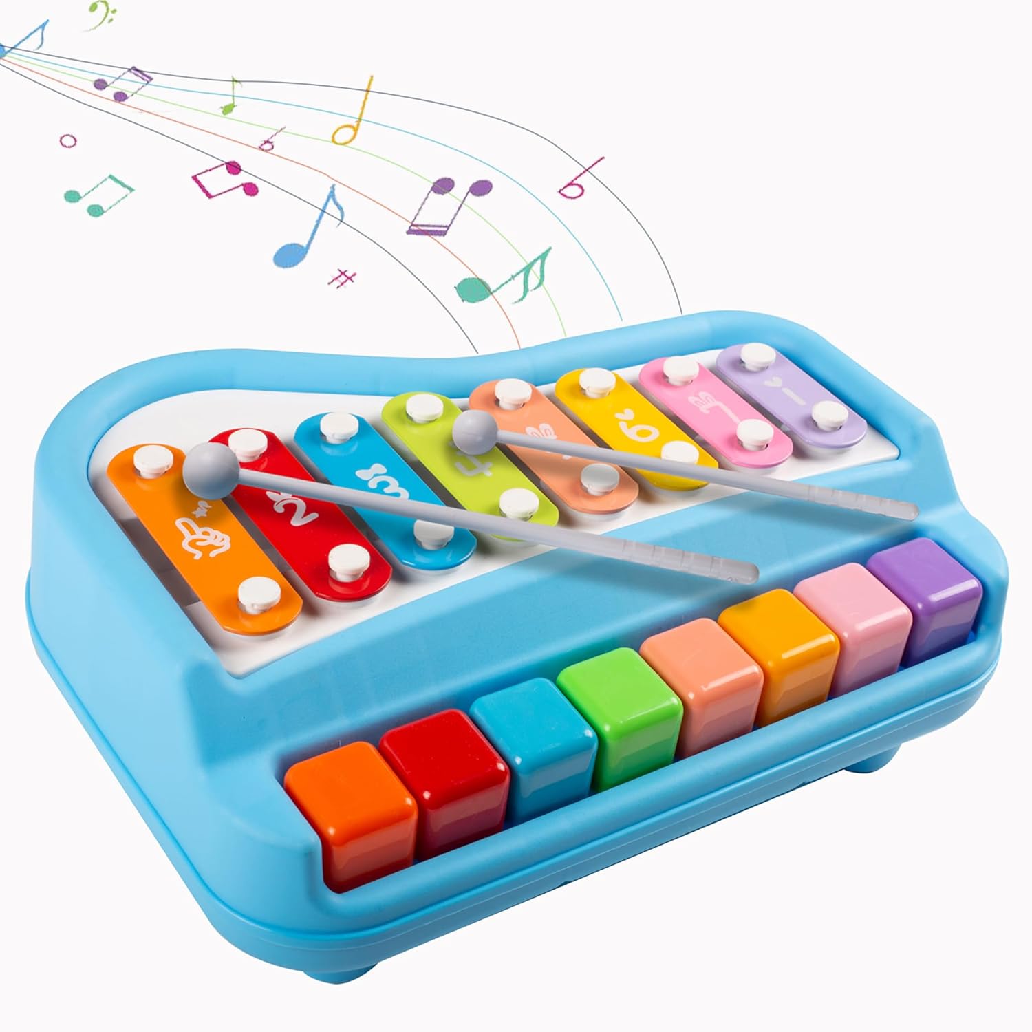 Gooyo 1511 Preschool Kids Educational Knock Playing Musical Xylophone Toy for Kids | 2 in 1 Big Musical Piano and Xylophone Toy with Colorful Keys & 2 Mallets | Blue | No Batteries Required