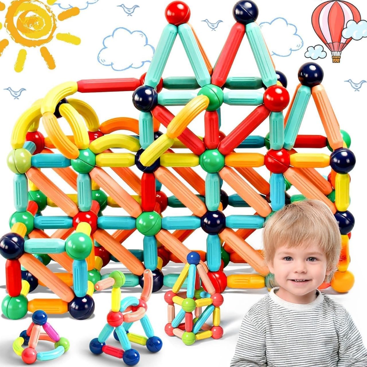 Magnetic Building Blocks Sticks for Kids 3+ Years | Montessori Learning, Activity and Construction Kit | Multicolor | Educational Toy for Boys and Girls (Set of 64 Pieces)