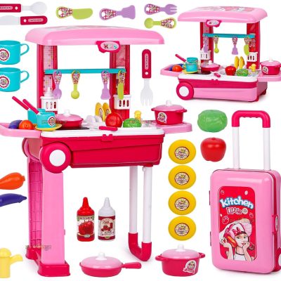 Toyoos Kitchen Set for Girls with Lights & Sound, Portable Trolley Pretend Play Cooking Set with 18 Pieces, Battery Operated Big Kitchen Toy for Kids, Birthday Gift (Pink)