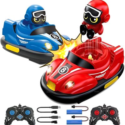 Toyoos Big Size RC Bumper Cars Set of 2 for Kids, 2 Player Remote Control Battle Cars with Ejectable Drivers, 360° Spin Drift, Lights, Music & Rechargeable Battery Fighting Toy Set