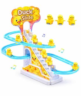 TEC TAVAKKAL Duck Slide Toy Set, Funny Automatic Stair-Climbing Ducklings Cartoon Race Track Set Duck Roller Coaster Escalator Toy with Flashing Lights & Music (Duck Slide Track Set)