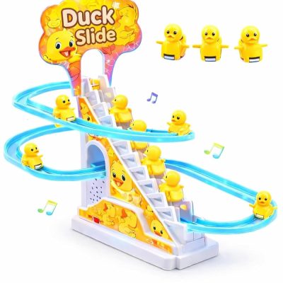 Toyoos Duck Slide Track Toy Set for Kids with Automatic Stair Climbing Ducklings, Flashing Lights, Music & Cartoon Roller Coaster Escalator Race Track Toy