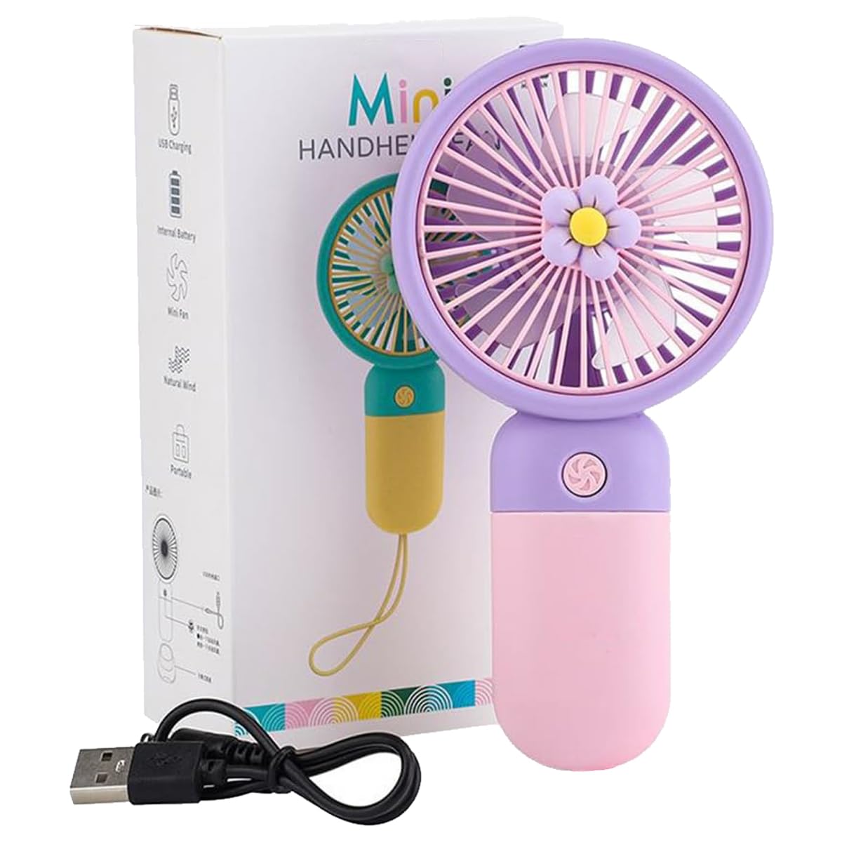 Portable Rechargeable Mini Fan | 400mAh USB Handheld Small Fan with 3 Speed Modes | Silent Personal Cooling Fan for Travel, Office, Makeup, Kitchen & Outdoor Use MULTICOLOR