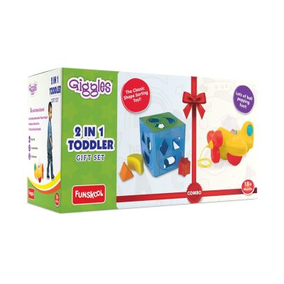 Funskool Giggles 2-in-1 Toddler Gift Set | Shape Sorter Cube & Pull Along Ball Popping Aeroplane | Educational Learning Toy for Kids 18+ Months