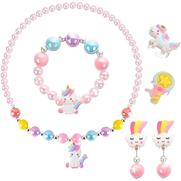 Toyoos Unicorn Jewelry Set for Girls | Necklace, Bracelet, Ring, Earrings & Hair Accessories | Pretend Dress-Up Jewelry Gift Set for Kids Age 3+