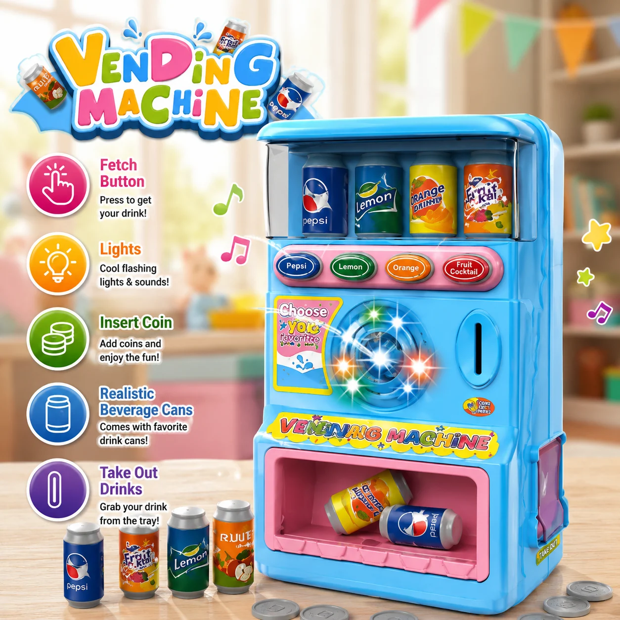 Toyoos Kids Toy Vending Machine with Lights & Sound | Coin Operated Drink Dispenser Toy