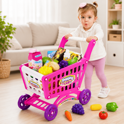 Toyoos Kids Shopping Cart Toy with Fruits & Accessories | Pretend Play Trolley