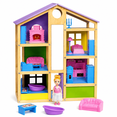Simarr My First Doll House for Girls | Wooden Dollhouse Play Set with 16 Accessories & Doll | Pretend Play Toy for Kids 3+