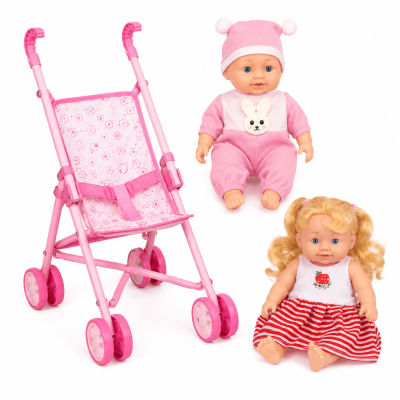 Toyoos Baby Doll Stroller Set with Shaking Baby | 2 Dolls with Foldable Pram | Kids Pretend Play Toy Set