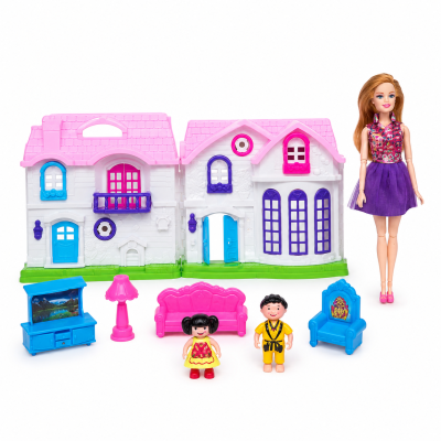 Toyoos My Happy Family Doll House Play Set with Doll & Furniture | Kids Pretend Play Home Set with Accessories | Gift Toy for Girls & Boys 3+ Years