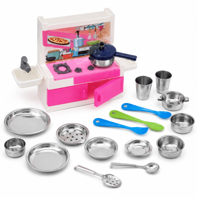TOYOOS Pure Veg Jumbo Kitchen Set for Kids | 21 Piece Stainless Steel Utensil Set with Mini Stove & Accessories | Pretend Play Cooking Toy for Boys & Girls