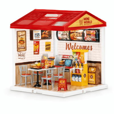 Toyoos Mini World DIY Miniature House Kit – Fast Food Store Theme | Creative Building Toy with LED Light | Mini Dollhouse Set for Kids & Adults (8+ Years)