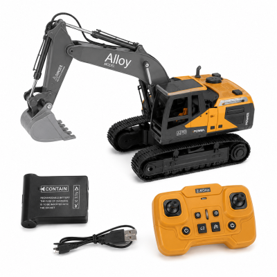 Toyoos 2.4GHz Remote Control Excavator Toy | 16 Channel Alloy RC Construction Digger with Lights, Rechargeable Battery & 360° Rotation for Kids