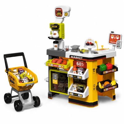 Toyoos Kids Supermarket Play Set with Shopping Cart, Cash Register, Coffee Machine & 54 Accessories | Pretend Grocery Store Toy for Boys & Girls 3+ Years