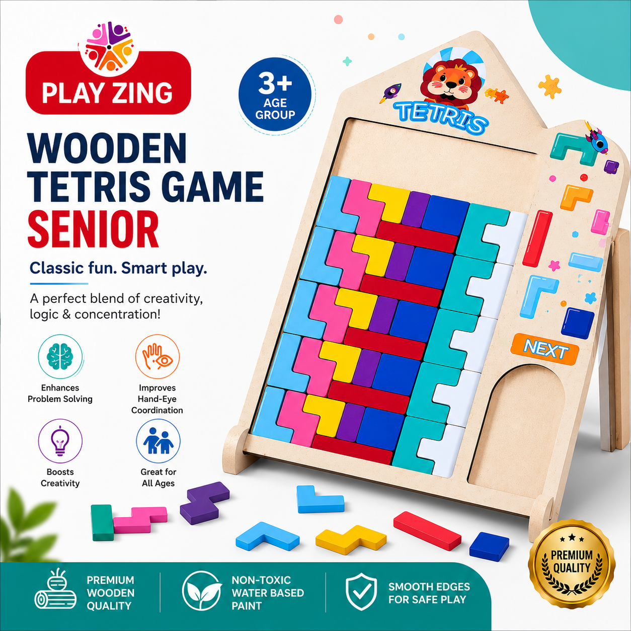PlayZing Wooden Tetris Puzzle Game for Kids | Educational Brain Toy 3+