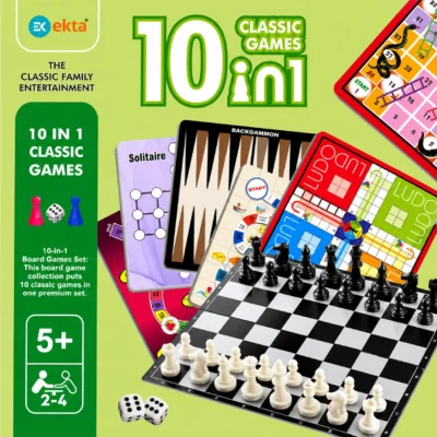 Ekta 10-in-1 Classic Board Games Set for Kids & Family | Chess, Ludo, Snakes & Ladders | Ages 5+