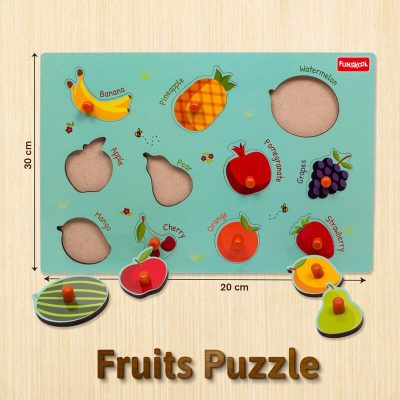 Funskool Wooden Fruits Knob Puzzle Board for Kids | Educational Wooden Puzzle with Banana, Apple, Mango, Orange, Grapes & More | Learning Toy for Toddlers Age 3+