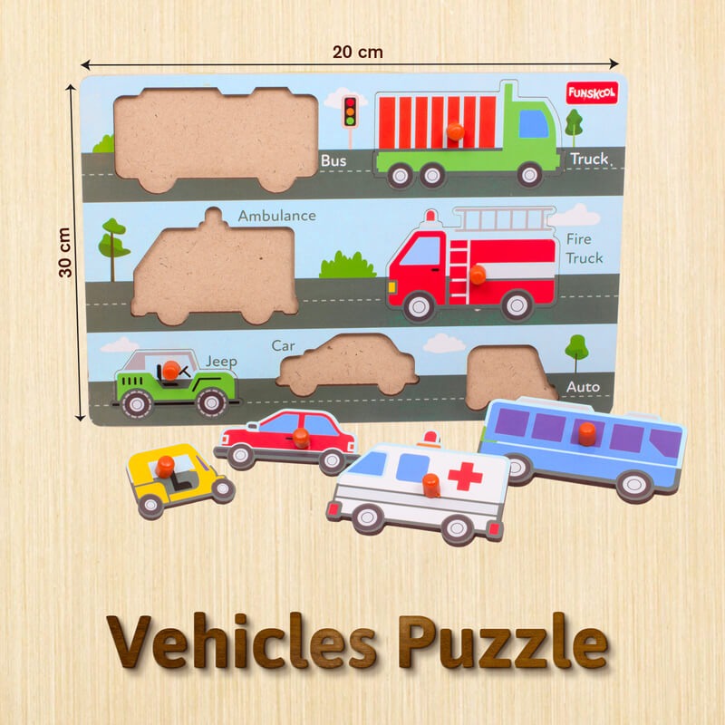 Funskool Wooden Vehicles Knob Puzzle Board for Kids | Educational Wooden Puzzle with Bus, Truck, Ambulance, Fire Truck, Jeep, Car & Auto | Learning Toy for Toddlers Age 3+
