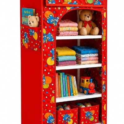 Toyoos Kids Portable Storage Wardrobe with Dust Cover & 6 Shelves | Foldable Toy Organizer Cabinet with Side Pockets & Wheels | Multipurpose Kids Clothes, Books & Toy Storage Rack | Red