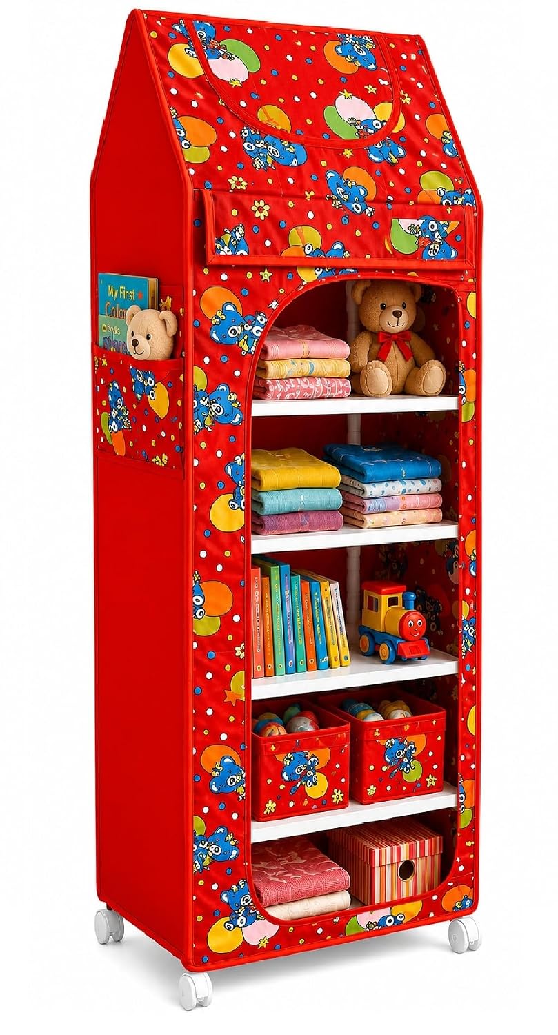 Toyoos Kids Portable Storage Wardrobe with Dust Cover & 6 Shelves | Foldable Toy Organizer Cabinet with Side Pockets & Wheels | Multipurpose Kids Clothes, Books & Toy Storage Rack | Red