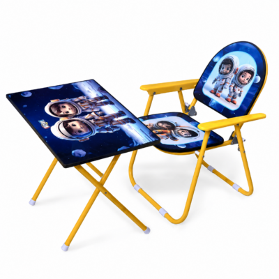 TOYOOS Kids Folding Study Table & Chair Set with Space Theme | Portable Metal Desk & Chair | Writing, Drawing & Learning Table for Boys & Girls | Foldable Kids Furniture