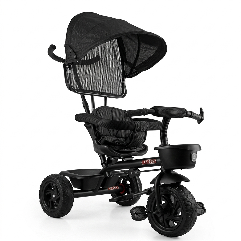 TOYOOS Premium Kids Tricycle with Adjustable Parent Push Handle, Foldable Canopy, Safety Guard Rail, Front Basket & Rear Storage Tray | Toddler Trike for Boys & Girls (1–5 Years)