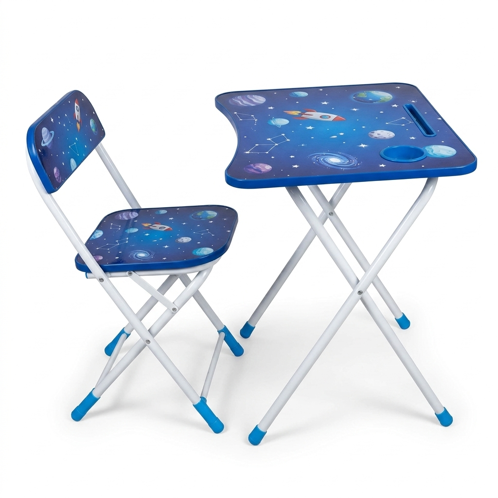 TOYOOS Foldable Kids Study Table & Chair Set | Portable Learning Desk with Folding Chair | Space Theme Design | Metal Frame | Activity Table for Study, Drawing, Reading & Writing | Blue