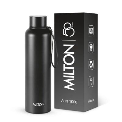 Milton Aura 1000 Stainless Steel Water Bottle 1000ml | Vacuum Insulated Flask | 24 Hours Hot & Cold | Leakproof BPA Free Thermosteel Bottle for Office, Gym, Travel & Home | Black